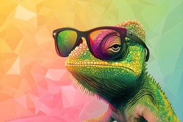 Wall Mural - chameleon wearing sunglasses on a solid color background, vector art, digital art, faceted, minimal, abstract, panorama background.