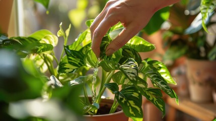 Poster - Watering a Houseplant in a Pot with Light Streaming Through a Window