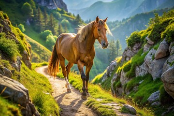 The horse's gait is serene as it ambles along the mountain trail, its glossy coat catching the afternoon sun's warm rays amidst verdant foliage and rocky formations.