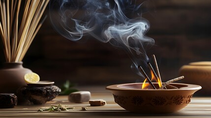 Close-up of incense sticks burning, with gentle smoke rising, capturing the essence of tranquility and sensory appeal 