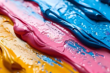 Poster - Vibrant streaks of yellow, pink, and blue paint with textured details, showcasing creativity and artistic expression. Perfect for backgrounds, art projects, or design concepts.