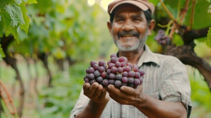 A smiling male farmer holding a bunch of grape in hand in plantation field in farm