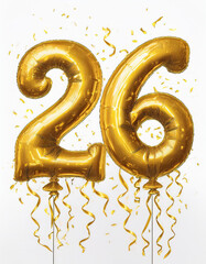 Wall Mural - Gold birthday / anniversary balloon, number 26, white background with confetti