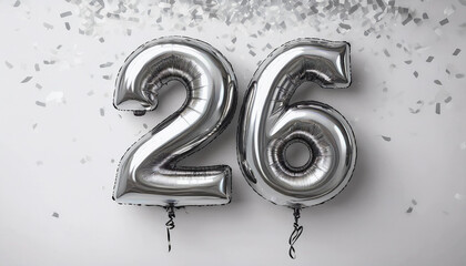 Silver birthday / anniversary balloon, number 26, white background with confetti