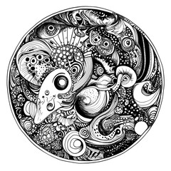 Wall Mural - Doodle surreal fantasy circles coloring page for adults. Fantastic graphic artwork. Hand drawn simple illustration