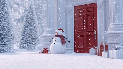 Sticker - A charming snowman stands beside a festive orange door, decorated with a wreath and surrounded by presents, evoking warmth and holiday cheer in a winter wonderland