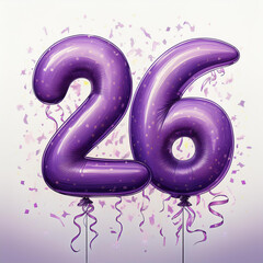 Purple birthday / anniversary balloon, number 26, white background with confetti