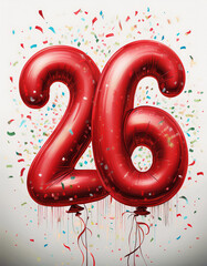 Red birthday / anniversary balloon, number 26, white background with confetti