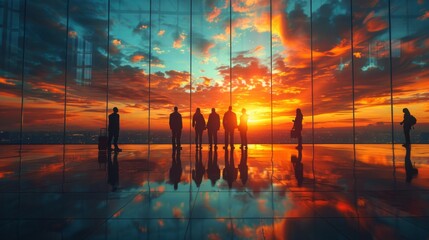 Poster - A group of people are standing in front of a window, looking out at the sunset