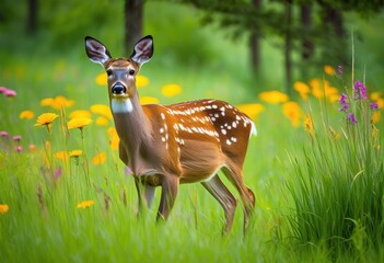 Wall Mural - vibrant wildlife grazing lush green pastures surrounded colorful flora rich natural habitat, animals, fauna, biodiversity, plants, greenery, grassland