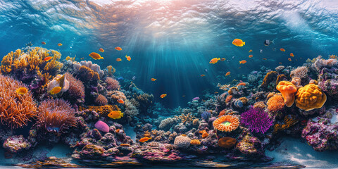 Many different colorful fish swim through a coral reef full of anemones and colorful corals. The underwater scene is illuminated by natural light.