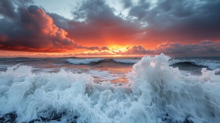 A captivating image of ocean waves smashing against the coastline during a dramatic sunset, with stunning cloud formations, embodying natural beauty and tranquility.