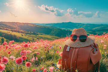 With sun rising over horizon, casting a warm glow on vibrant spring landscape, panoramic view from high-angle perspective reveals a breathtaking scene of rolling hills, blooming flowers, and clear blu