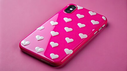 Vibrant pink heart-shaped phone case with glossy finish, adorned with tiny white hearts, fitting snugly on a sleek smartphone, adding a touch of whimsy.