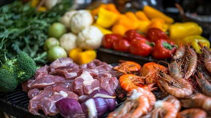 Wall Mural - Prep Time Colorful vegetables, meats, and seafood are prepped and seasoned, ready to hit the grill