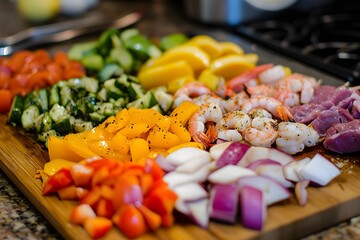 Wall Mural - Prep Time Colorful vegetables, meats, and seafood are prepped and seasoned, ready to hit the grill