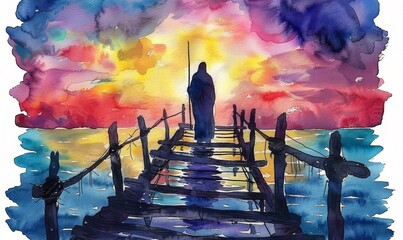 Wall Mural - A serene depiction captures Jesus Christ as he walks on the waters of the Sea of Galilee, surrounded by a vibrant watercolor sky, embodying hope and faith during Easter. Generative AI