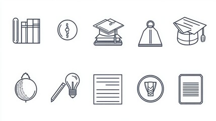 Education Levels thin line icon set. Containing preschool, elementary school, middle school, high school, college, university, graduation cap, diploma, academic gown, student ID, freshman.