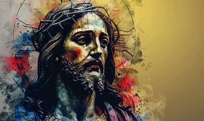 This stunning digital illustration showcases Jesus, embodying divine mercy, rendered in delicate watercolor hues against a soft white background, radiating peace and compassion. Generative AI