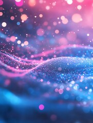 Wall Mural - Sparkling wave pattern with pink and blue bokeh light particles for glamorous backgrounds. Abstract light particle waves in festive pink and blue colors