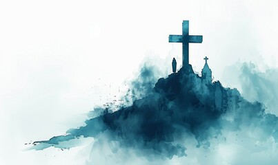 Wall Mural - At sunrise, an empty tomb with a shroud and crucifix is depicted, capturing the essence of the resurrection of Jesus Christ in a serene watercolor style. Generative AI