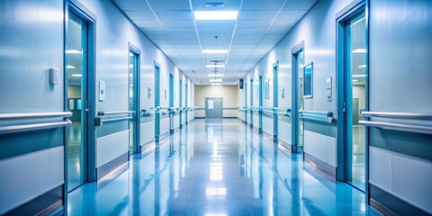 Sterile Hospital Corridor, Wide Angle, Doors, Blue and White, Clean, sterile, healthcare