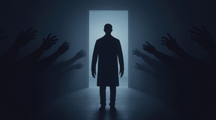 Wall Mural - a figure stands in the center of a dark room, with shadowy hands pointing at them from all direction