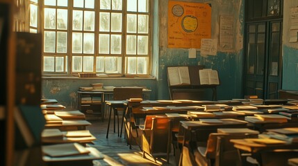 Aufkleber - Desks filled with old books and sparse supplies create an atmosphere of learning amid the challenges of overcrowded education. Generative AI