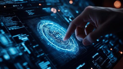 Poster - a close-up view of a hand interacting with a futuristic digital interface in a darkened room, showca