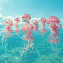 A serene group of pink jellyfish floats in the calm waters, closeup