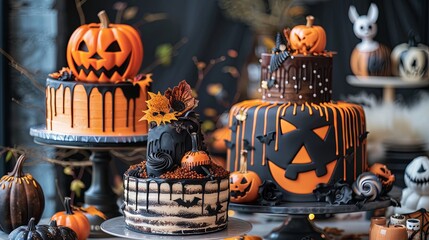 Creative themed cakes for the celebration of Halloween. Halloween party concept.