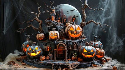 Creative themed cake in the form of a mystical castle with pumpkins for the celebration of Halloween. Halloween party concept.