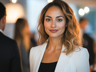 Wall Mural - A woman with long brown hair and a white jacket is smiling