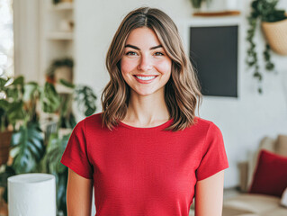 Poster - A woman in a red shirt is smiling and posing for a picture