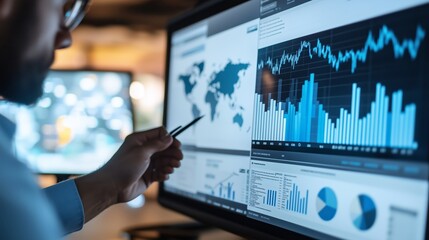 Poster - Business analyst examining global market trends using data visualization software in a modern office environment during the afternoon