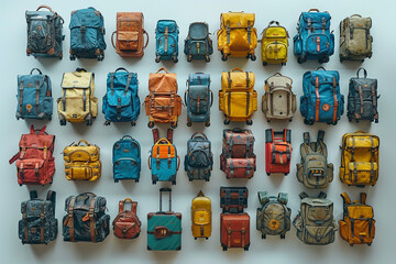 A wide-angle view captures vibrant array of suitcases and rucksacks isolated on a pristine white background, evoking excitement of a sunny summer morning as travelers eagerly prepare for their adventu