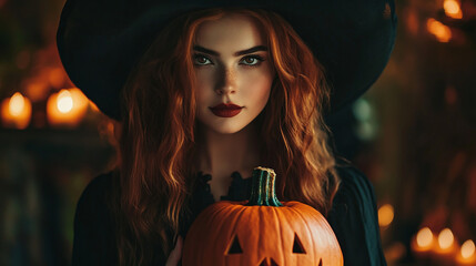 Red hair witch with jack o lantern.