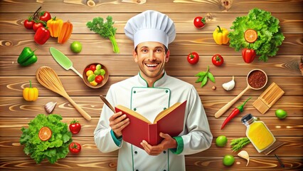 Vibrant vector illustration of a smiling chef holding a cookbook, surrounded by colorful utensils and ingredients, on a textured wooden background with subtle kitchen ambiance.