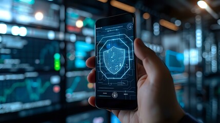 Poster - Futuristic smartphone interface displaying a shield symbol for cybersecurity, surrounded by digital data on a blurred high-tech background. Ideal for technology, data protection, and IT-related projec