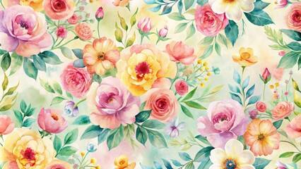 Wall Mural - vibrant watercolor flower patterns in soft hues on a seamless canvas texture, ideal for backgrounds,