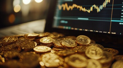 Wall Mural - A close-up of a digital chart showing gold prices, with gold coins scattered across the desk, capturing the essence of tracking precious metals in real-time.