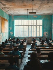 Aufkleber - Students sit in an overcrowded classroom filled with old materials, striving for education despite limited resources. Generative AI