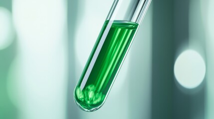 Detailed shot of a test tube with a vibrant green substance, highlighting scientific discovery and chemical analysis