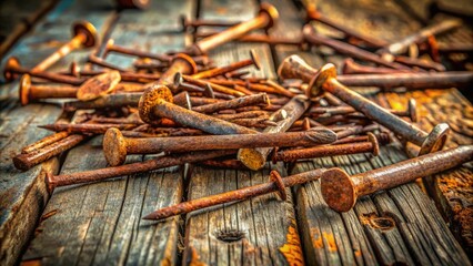 Weathered rusty nails scattered on a worn, distressed wooden plank, surrounded by rusty metal scraps and fragments, evoking a sense of decay and abandonment.