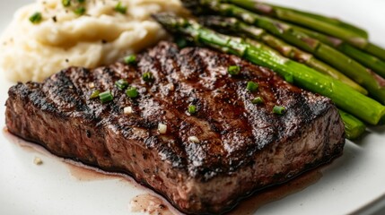 Canvas Print - A close-up of a juicy New York strip steak with a side of garlic mashed potatoes and steamed asparagus, showcasing the steaka texture and the disha elegant presentation on a white backdrop