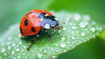 Poster - A close-up of a ladybug on a leaf with morning dew, capturing its bright red shell and black spots against the green leaf, with a natural and fresh appearance.