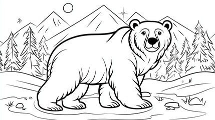 A cute bear stands in a snowy mountain landscape, surrounded by pine trees.