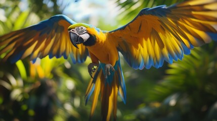 Poster - A close-up of a parrot flying close to the camera, with its bright colors and dynamic wing movements vividly captured against a lush, tropical backdrop.
