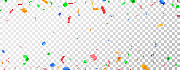 3D color party confetti on transparent background. Render colorful confetti in empty space. Paper firecracker elements in various shapes. Party, holiday, surprise birthday events. Vector illustration