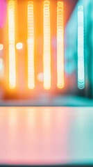 Poster - Modern Neon Bokeh Background with White Table Surface for Product Display - Vibrant Retro-Futuristic Theme